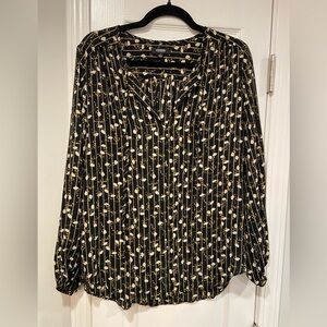 Premise Studio Black Yellow Floral Striped V Neck Tie Long Sleeve Blouse Size M
